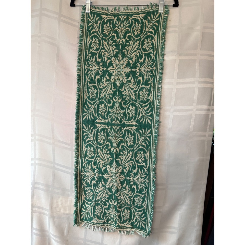 Vintage Woven Damask Table Runner  Green Cream Floral Fringe 12x35